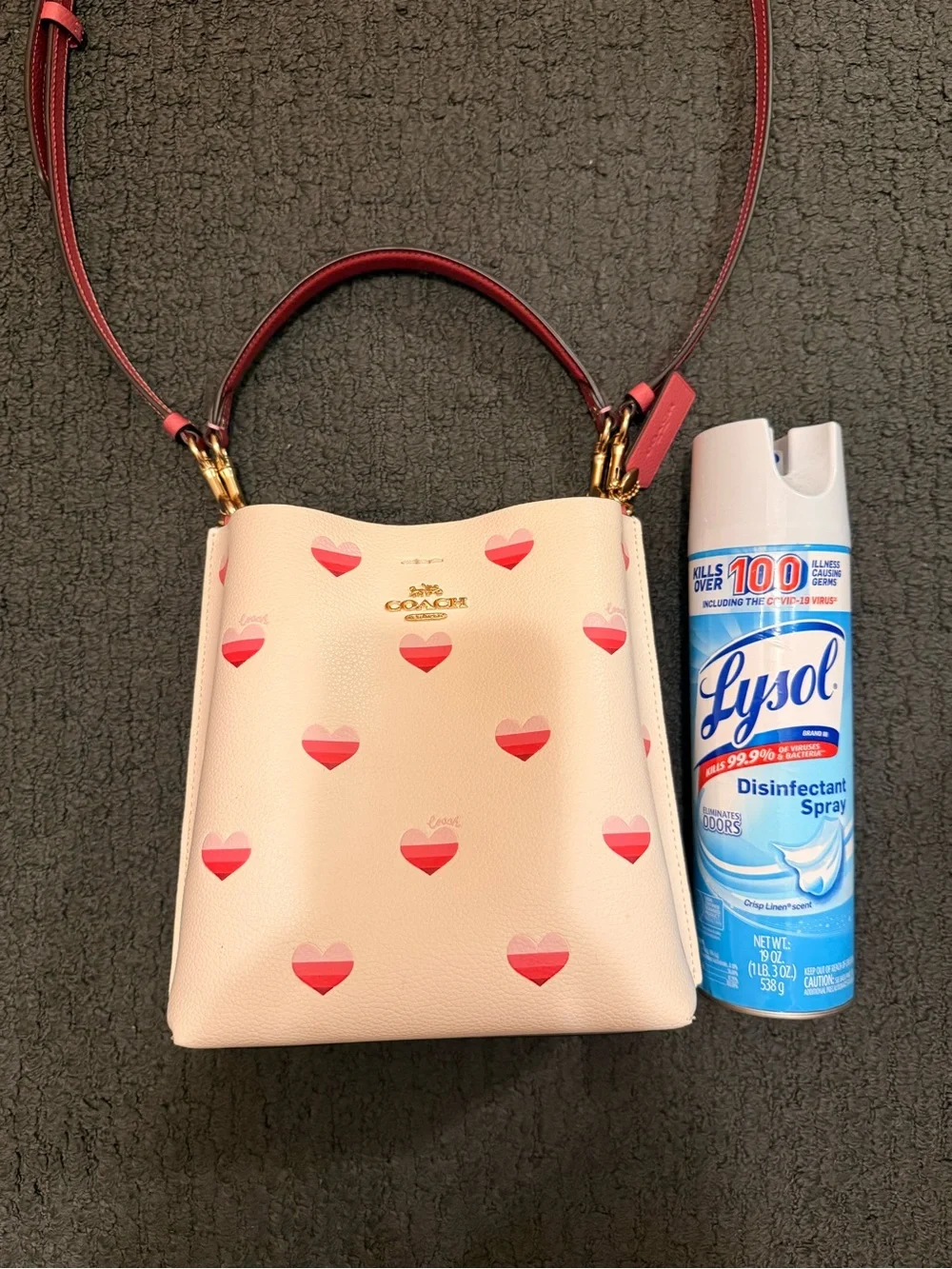 Coach Pink Heart Print Crossbody Bag with Red Trim